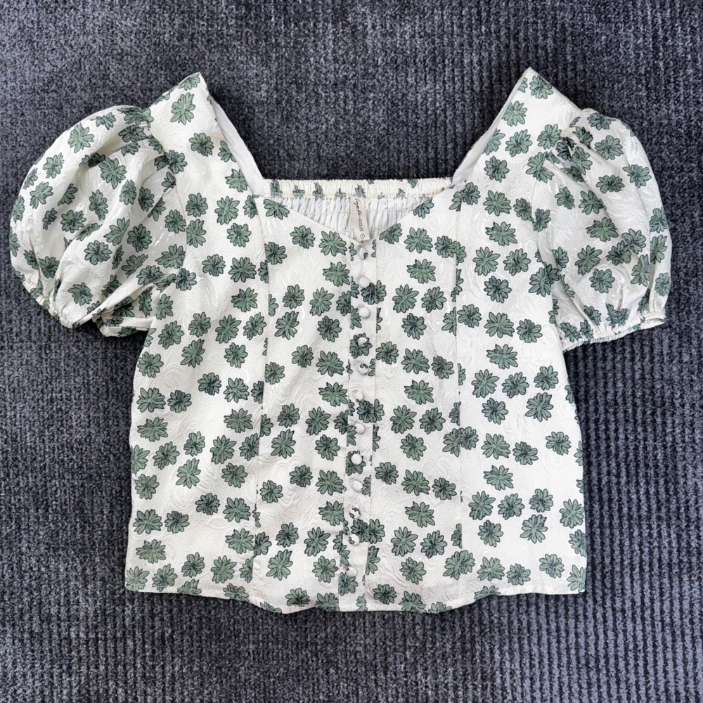 Logan Rae x ROOLEE Floral Puff Sleeve Top Green Cream Jacquard Smocked Back S